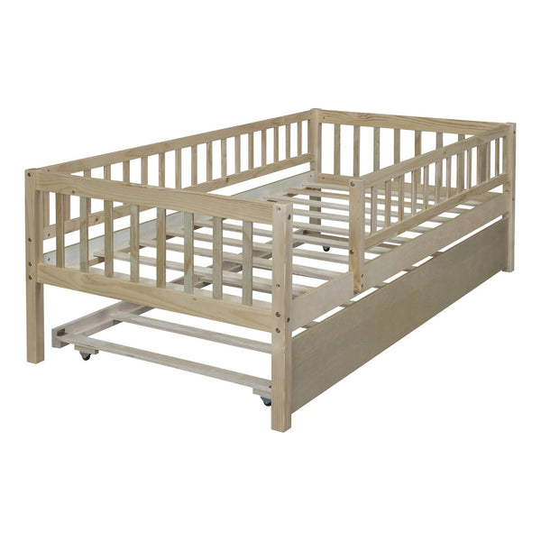 English Elm Twin Pine Wood Daybed with Roll Out Trundle Fence Guardrails Cabin Style Frame Natural WF301862AAN