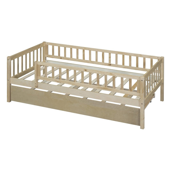 English Elm Twin Pine Wood Daybed with Roll Out Trundle Fence Guardrails Cabin Style Frame Natural WF301862AAN