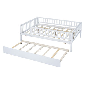 English Elm Full Size Pine Wood Daybed with Roll Out Trundle Fence Rail Guest Room Sleeper WF301863AAK