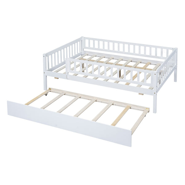 English Elm Full Size Pine Wood Daybed with Roll Out Trundle Fence Rail Guest Room Sleeper WF301863AAK