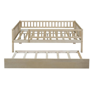 English Elm Full Size Pine Wood Daybed with Roll Out Trundle Fence Rail Guest Room Sleeper Natural WF301863AAN