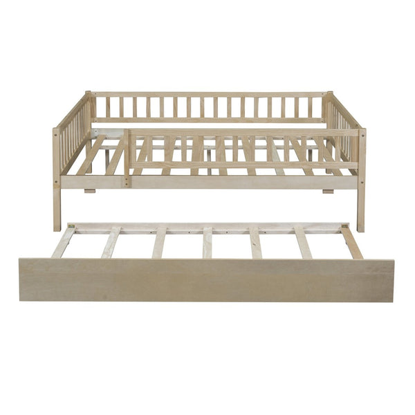 English Elm Full Size Pine Wood Daybed with Roll Out Trundle Fence Rail Guest Room Sleeper Natural WF301863AAN