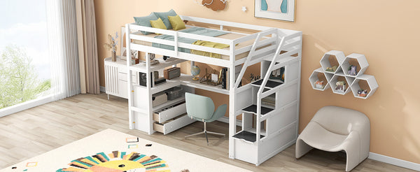 English Elm Twin Loft Bed with Desk, Shelves, Storage Staircase and Two Drawers — Space-Saving Pine Frame, Durable White GX000425AAK
