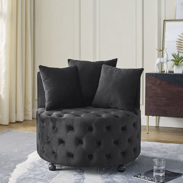 English Elm Velvet Button Tufted Swivel Accent Chair with Caster Wheels and Three Throw Pillows Black W48790917