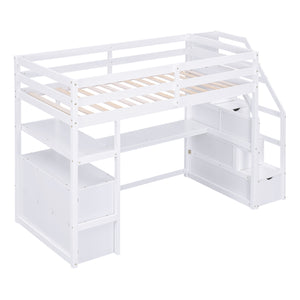 English Elm Twin Loft Bed with Desk, Shelves, Storage Staircase and Two Drawers — Space-Saving Pine Frame, Durable White GX000425AAK