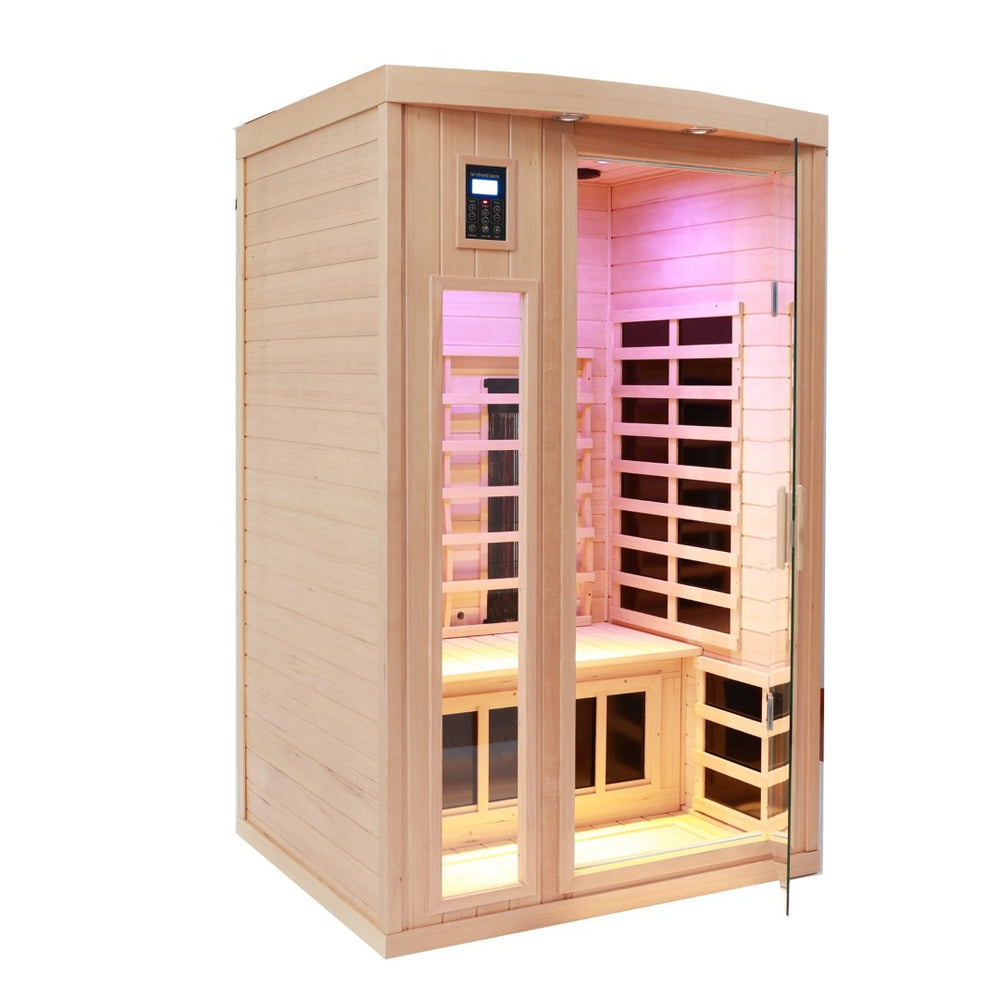 English Elm Two Person Hemlock Wood Far Infrared Home Sauna with Carbon Crystal Heating Panels W1787P249486
