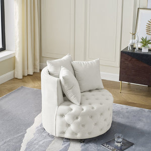 English Elm Velvet Button Tufted Swivel Accent Chair with Caster Wheels and Three Throw Pillows Beige W48790918