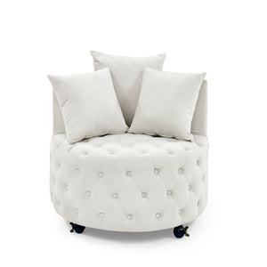 English Elm Velvet Button Tufted Swivel Accent Chair with Caster Wheels and Three Throw Pillows Beige W48790918