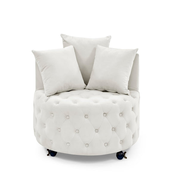 English Elm Velvet Button Tufted Swivel Accent Chair with Caster Wheels and Three Throw Pillows Beige W48790918