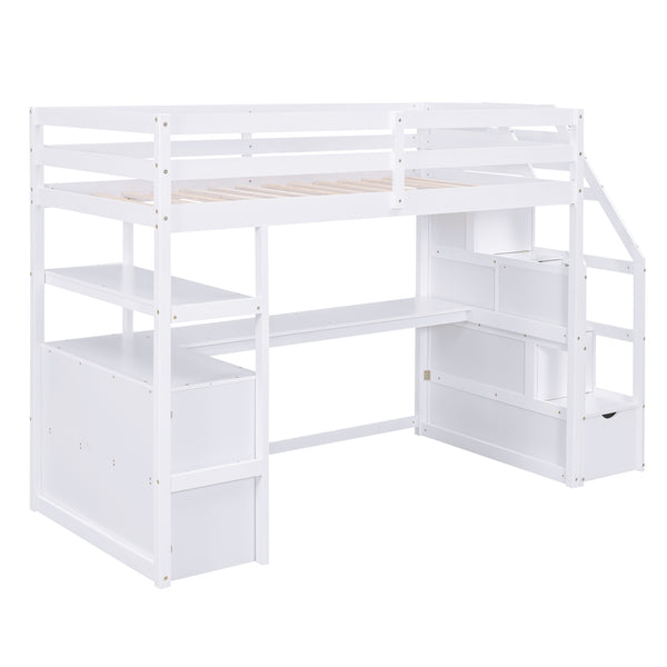 English Elm Twin Loft Bed with Desk, Shelves, Storage Staircase and Two Drawers — Space-Saving Pine Frame, Durable White GX000425AAK