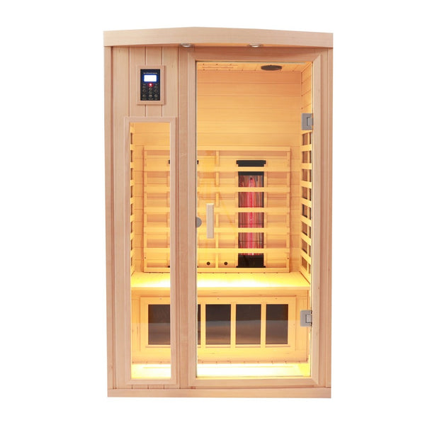 English Elm Two Person Far Infrared Sauna Cabin in Low Emf Hemlock Wood for Home Wellness W1787103624