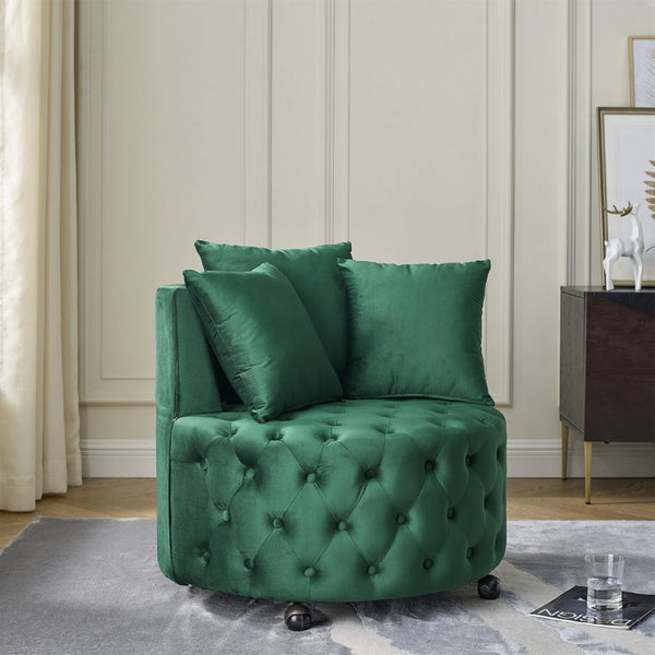 English Elm Velvet Button Tufted Swivel Chair with Caster Wheels and Three Throw Pillows Included W48790919