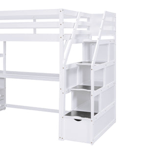 English Elm Twin Loft Bed with Desk, Shelves, Storage Staircase and Two Drawers — Space-Saving Pine Frame, Durable White GX000425AAK