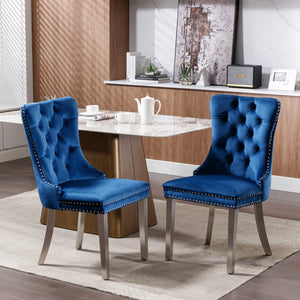 English Elm Nikki Velvet Tufted Dining Chair Set of 2 — Blue Upholstered Modern Solid Wood Seats with Chrome Legs, Nailhead Trim W114390339