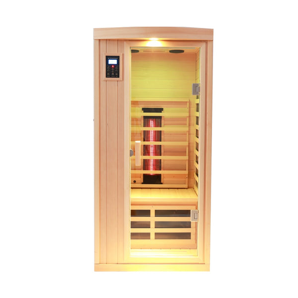 English Elm Single Person Hemlock Wood Home Sauna with Tempered Glass Door and Low Emf Heat W1787P254583