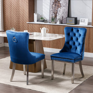English Elm Nikki Velvet Tufted Dining Chair Set of 2 — Blue Upholstered Modern Solid Wood Seats with Chrome Legs, Nailhead Trim W114390339