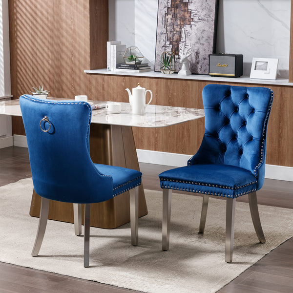 English Elm Nikki Velvet Tufted Dining Chair Set of 2 — Blue Upholstered Modern Solid Wood Seats with Chrome Legs, Nailhead Trim W114390339