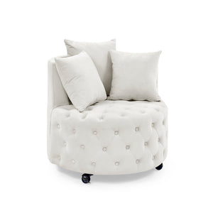 English Elm Velvet Button Tufted Swivel Accent Chair with Caster Wheels and Three Throw Pillows Beige W48790918