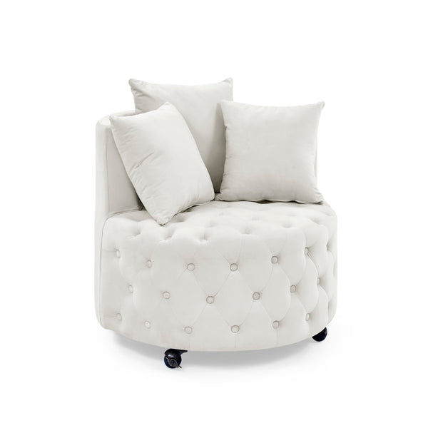 English Elm Velvet Button Tufted Swivel Accent Chair with Caster Wheels and Three Throw Pillows Beige W48790918
