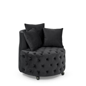 English Elm Velvet Button Tufted Swivel Accent Chair with Caster Wheels and Three Throw Pillows Black W48790917