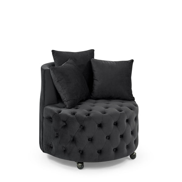 English Elm Velvet Button Tufted Swivel Accent Chair with Caster Wheels and Three Throw Pillows Black W48790917