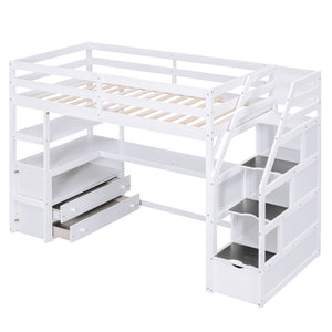 English Elm Twin Loft Bed with Desk, Shelves, Storage Staircase and Two Drawers — Space-Saving Pine Frame, Durable White GX000425AAK