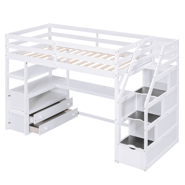 English Elm Twin Loft Bed with Desk, Shelves, Storage Staircase and Two Drawers — Space-Saving Pine Frame, Durable White GX000425AAK