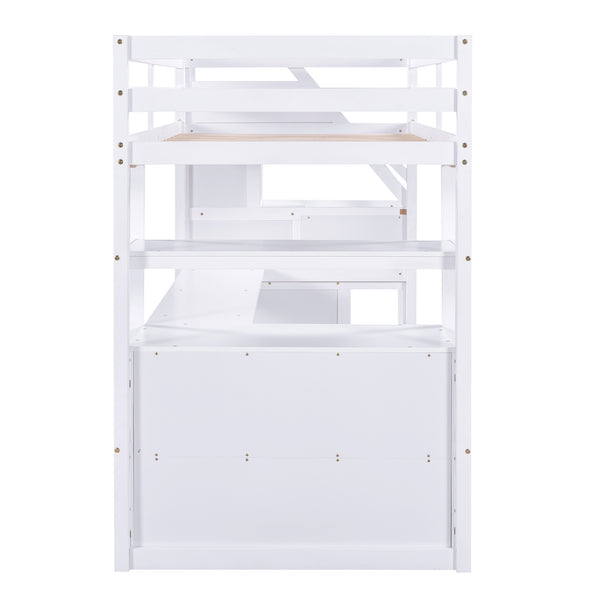 English Elm Twin Loft Bed with Desk, Shelves, Storage Staircase and Two Drawers — Space-Saving Pine Frame, Durable White GX000425AAK