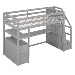 English Elm Twin Loft Bed with Desk, Shelves, Storage Staircase and Two Drawers — Space-Saving Pine Frame, Durable Gray GX000425AAE