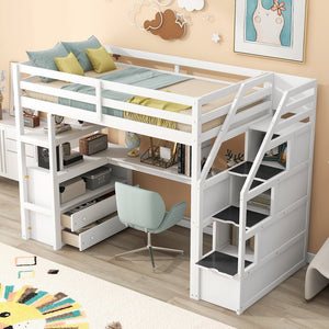 English Elm Twin Loft Bed with Desk, Shelves, Storage Staircase and Two Drawers — Space-Saving Pine Frame, Durable White GX000425AAK