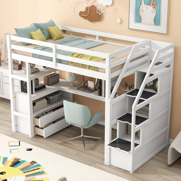 English Elm Twin Loft Bed with Desk, Shelves, Storage Staircase and Two Drawers — Space-Saving Pine Frame, Durable White GX000425AAK