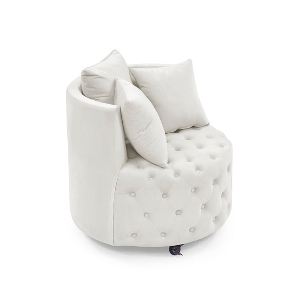 English Elm Velvet Button Tufted Swivel Accent Chair with Caster Wheels and Three Throw Pillows Beige W48790918