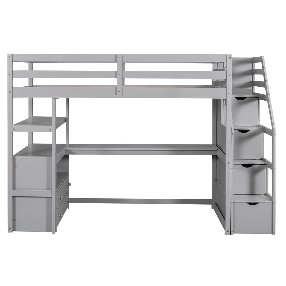 English Elm Twin Loft Bed with Desk, Shelves, Storage Staircase and Two Drawers — Space-Saving Pine Frame, Durable Gray GX000425AAE