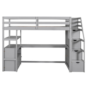 English Elm Twin Loft Bed with Desk, Shelves, Storage Staircase and Two Drawers — Space-Saving Pine Frame, Durable Gray GX000425AAE