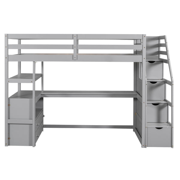 English Elm Twin Loft Bed with Desk, Shelves, Storage Staircase and Two Drawers — Space-Saving Pine Frame, Durable Gray GX000425AAE