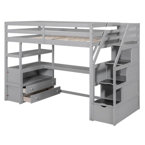 English Elm Twin Loft Bed with Desk, Shelves, Storage Staircase and Two Drawers — Space-Saving Pine Frame, Durable Gray GX000425AAE