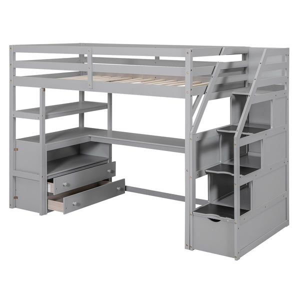 English Elm Twin Loft Bed with Desk, Shelves, Storage Staircase and Two Drawers — Space-Saving Pine Frame, Durable Gray GX000425AAE
