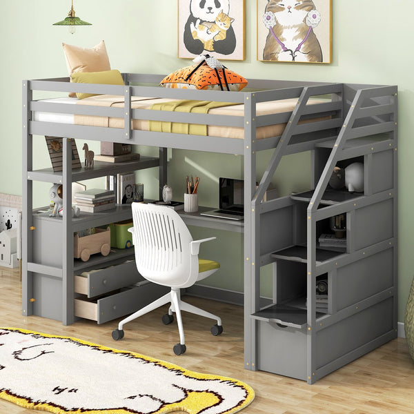 English Elm Twin Loft Bed with Desk, Shelves, Storage Staircase and Two Drawers — Space-Saving Pine Frame, Durable Gray GX000425AAE