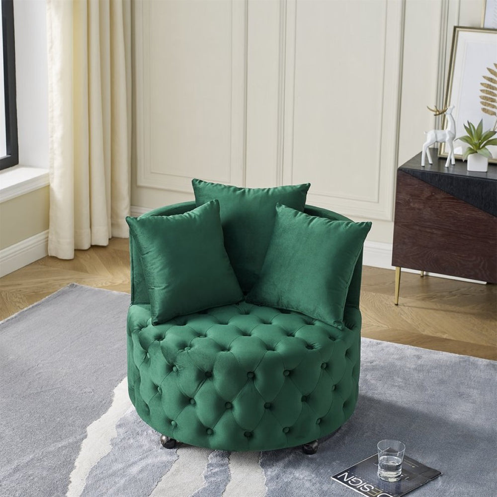 English Elm Velvet Button Tufted Swivel Chair with Caster Wheels and Three Throw Pillows Included W48790919