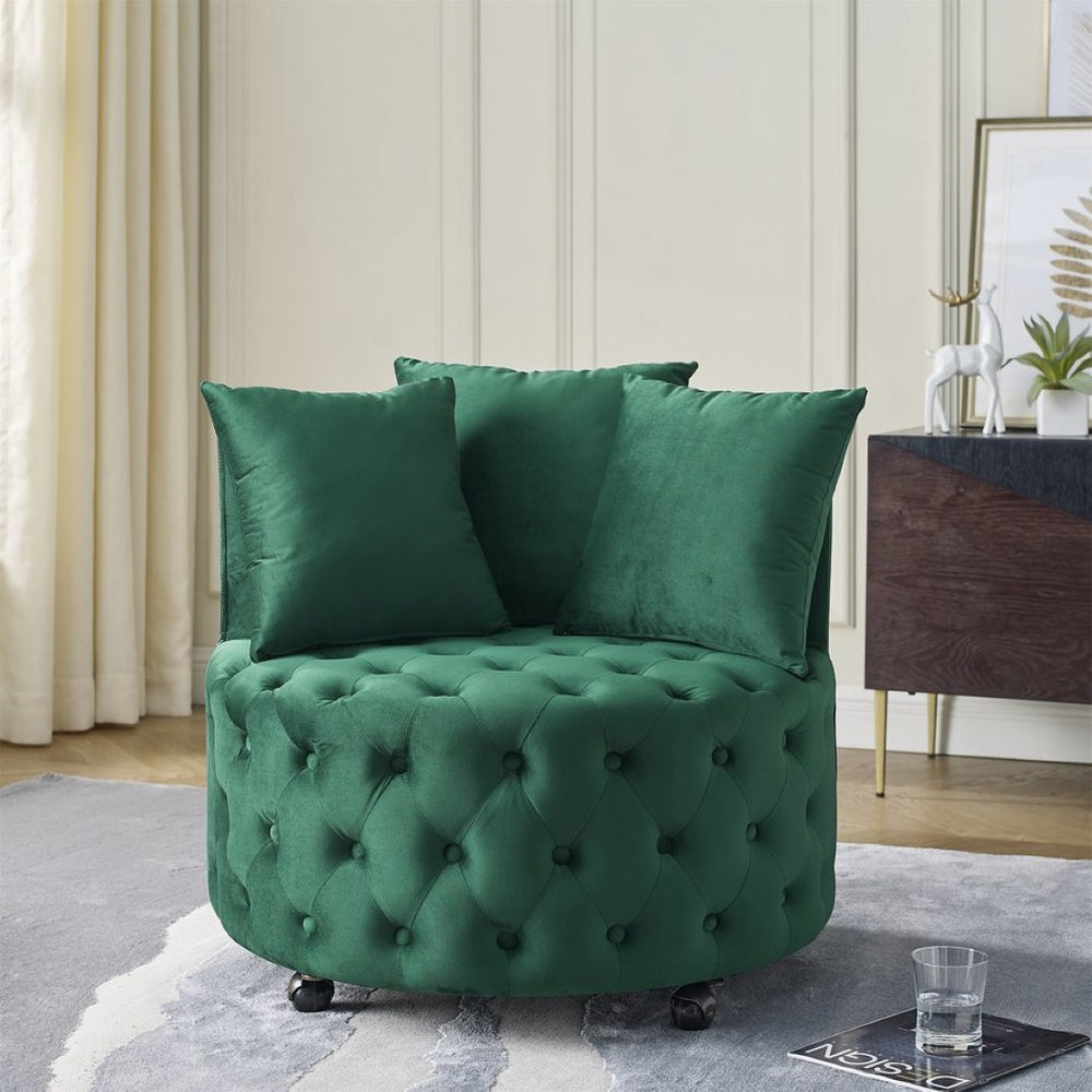 English Elm Velvet Button Tufted Swivel Chair with Caster Wheels and Three Throw Pillows Included W48790919