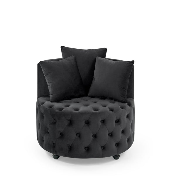 English Elm Velvet Button Tufted Swivel Accent Chair with Caster Wheels and Three Throw Pillows Black W48790917