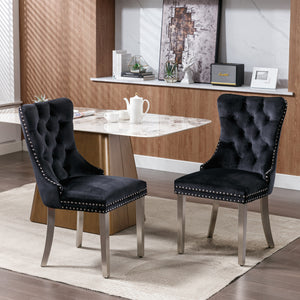 English Elm Nikki Velvet Tufted Dining Chair Set of 2 — Solid Wood Frame, Nailhead Trim, Chrome Legs, Black Elegance W114352492
