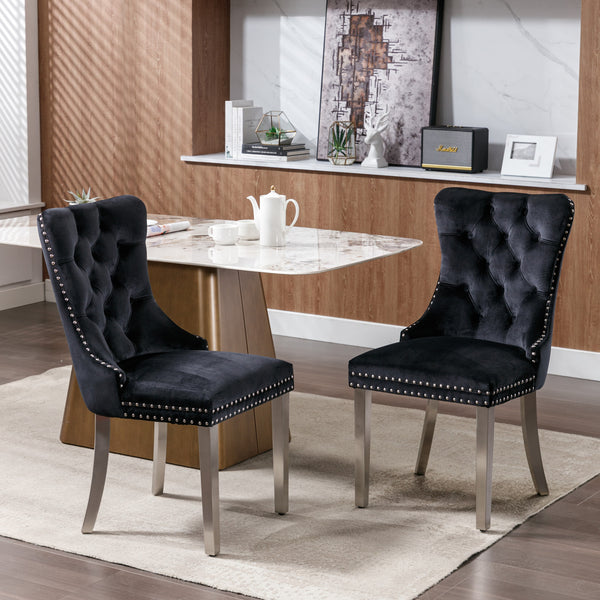 English Elm Nikki Velvet Tufted Dining Chair Set of 2 — Solid Wood Frame, Nailhead Trim, Chrome Legs, Black Elegance W114352492