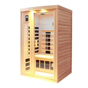 English Elm Two Person Far Infrared Sauna Cabin in Low Emf Hemlock Wood for Home Wellness W1787103635