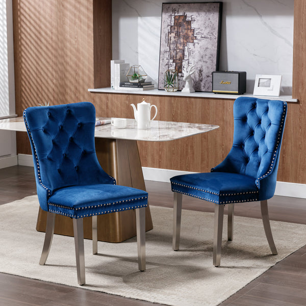 English Elm Nikki Velvet Tufted Dining Chair Set of 2 — Blue Upholstered Solid Wood Frame, Chrome Legs & Nailhead Trim W114390339