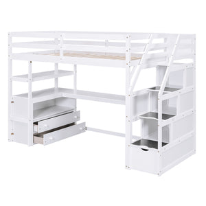 English Elm Twin Loft Bed with Desk, Shelves, Storage Staircase and Two Drawers — Space-Saving Pine Frame, Durable White GX000425AAK