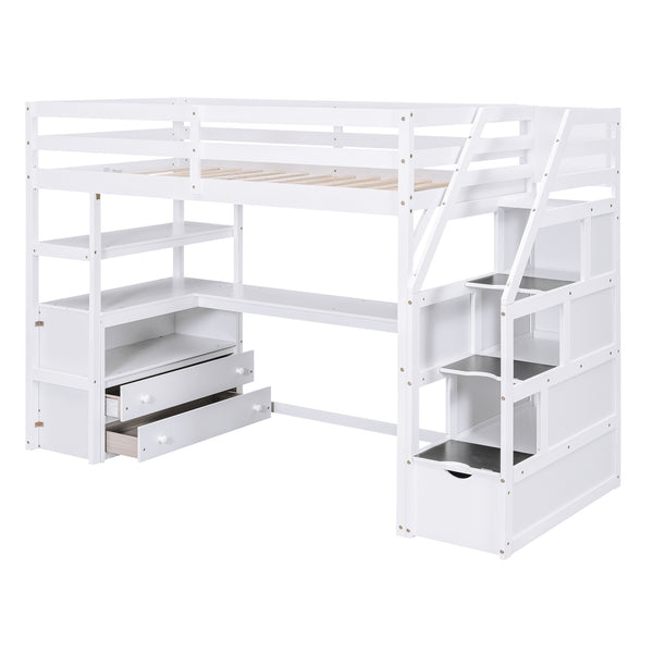English Elm Twin Loft Bed with Desk, Shelves, Storage Staircase and Two Drawers — Space-Saving Pine Frame, Durable White GX000425AAK