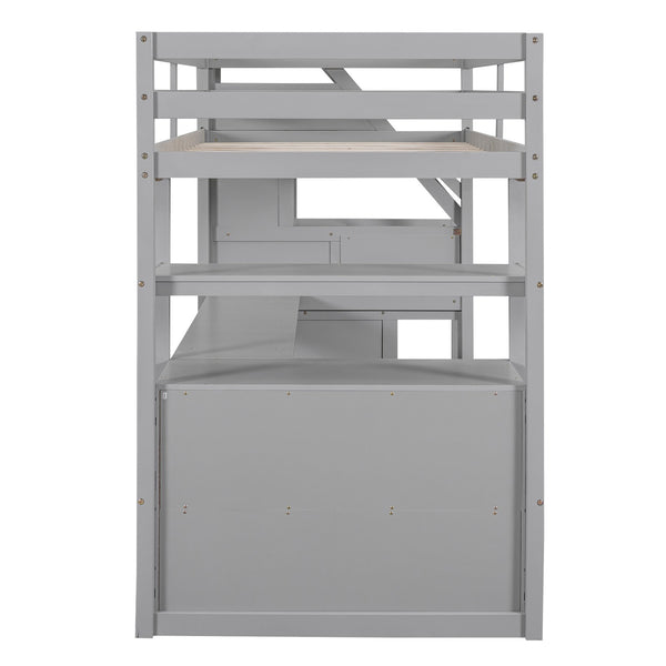 English Elm Twin Loft Bed with Desk, Shelves, Storage Staircase and Two Drawers — Space-Saving Pine Frame, Durable Gray GX000425AAE