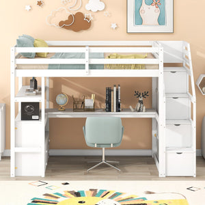 English Elm Twin Loft Bed with Desk, Shelves, Storage Staircase and Two Drawers — Space-Saving Pine Frame, Durable White GX000425AAK