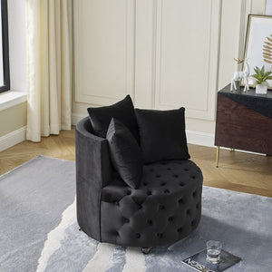 English Elm Velvet Button Tufted Swivel Accent Chair with Caster Wheels and Three Throw Pillows Black W48790917